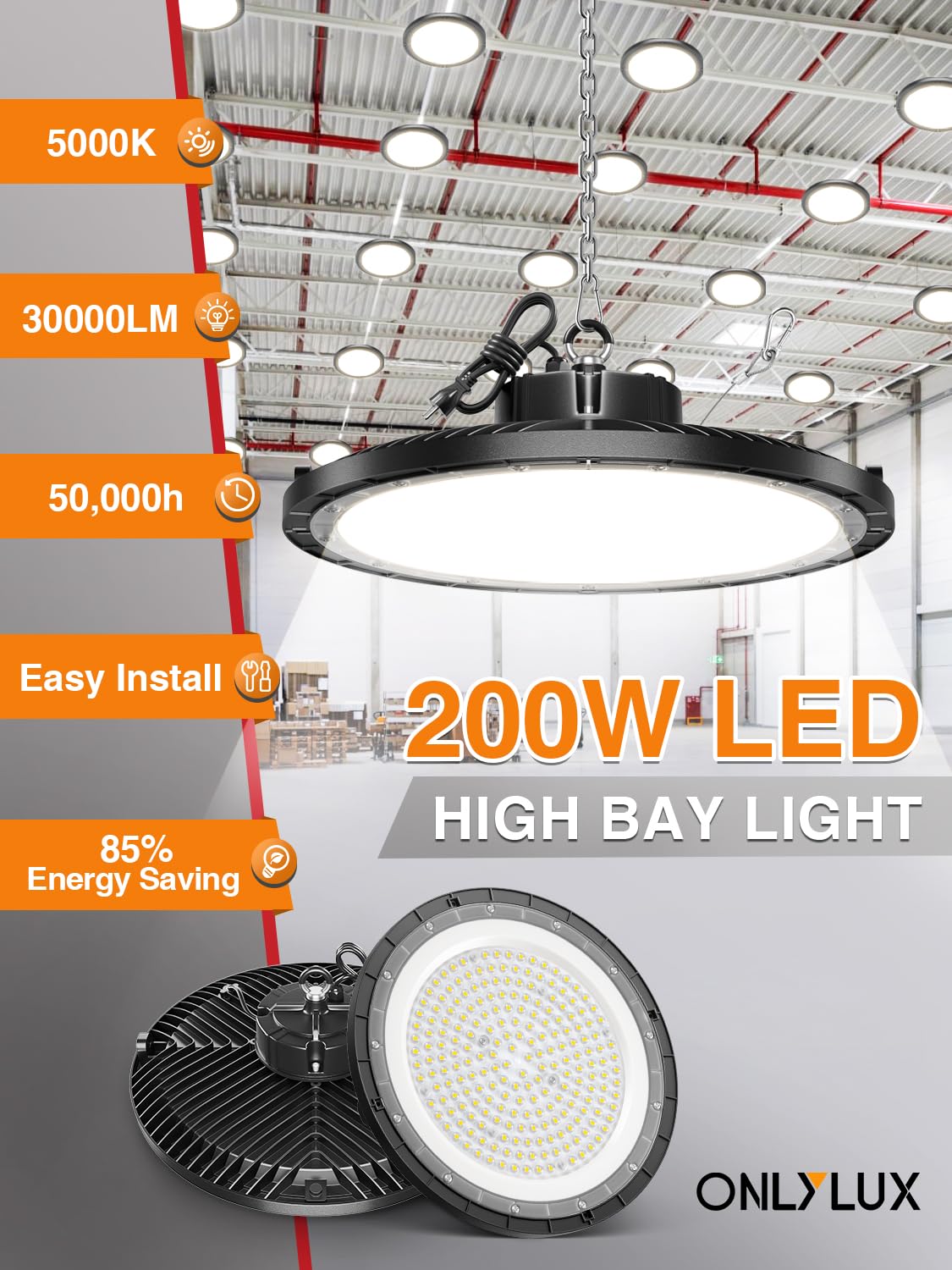 ONLYLUX UFO high bay light 5000K beam 120° for wide coverage.
