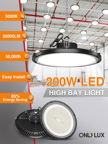 ONLYLUX UFO high bay light 5000K beam 120° for wide coverage.