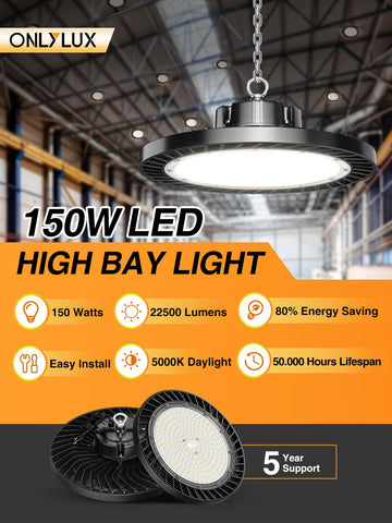 ONLYLUX UFO LED high bay 22500 lm 150W close-up highlights intense coverage for workshops