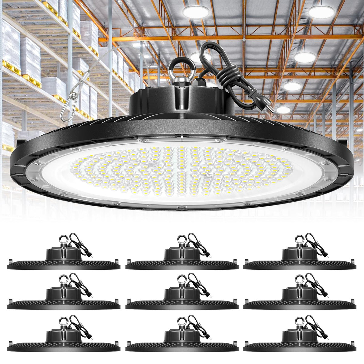 ONLYLUX UFO LED High Bay 250W front view, bright illumination for warehouses.