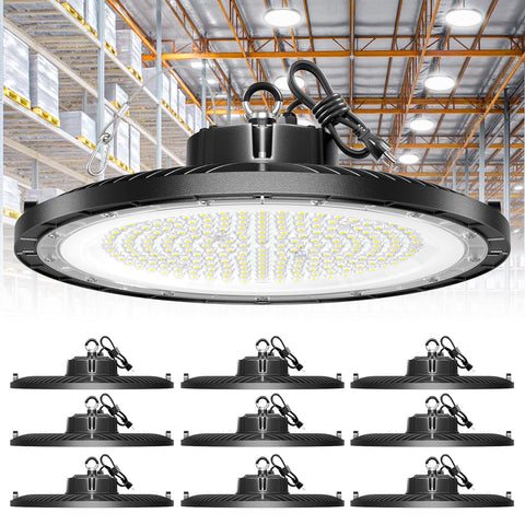 ONLYLUX UFO LED High Bay 250W front view, bright illumination for warehouses.