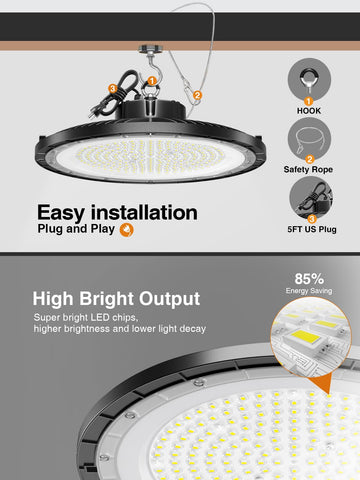 ONLYLUX UFO LED High Bay 250W plug-and-play design enables quick installation.