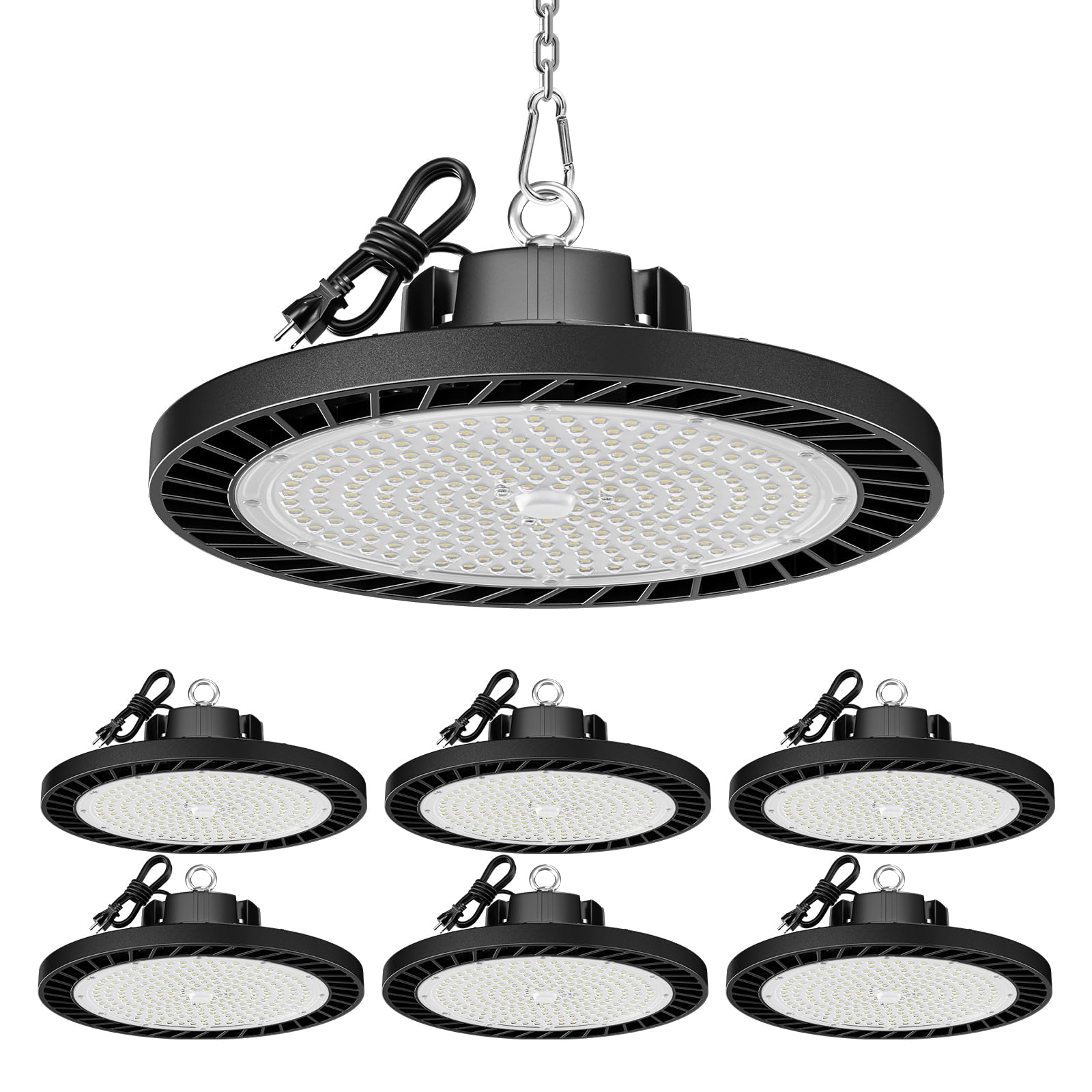 ONLYLUX UFO LED high bay 6-pack pack-shot shows bright daylight lighting for warehouses