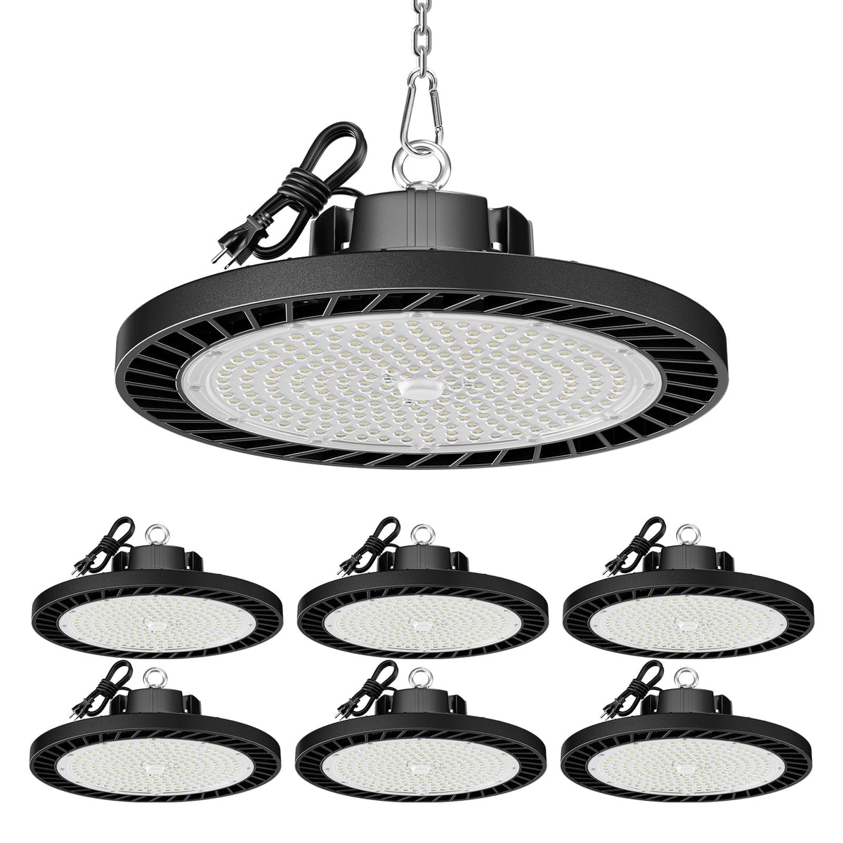 ONLYLUX UFO LED high bay 6-pack pack-shot shows bright daylight lighting for warehouses