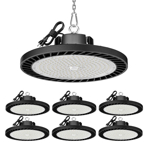 ONLYLUX UFO LED high bay 6-pack pack-shot shows bright daylight lighting for warehouses