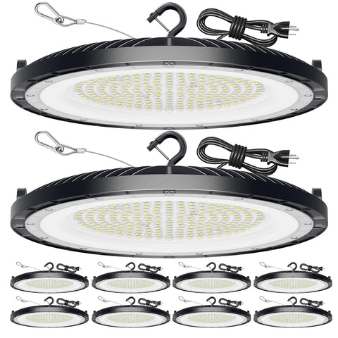 ONLYLUX UFO LED high bay light front view delivering bright, warehouse illumination