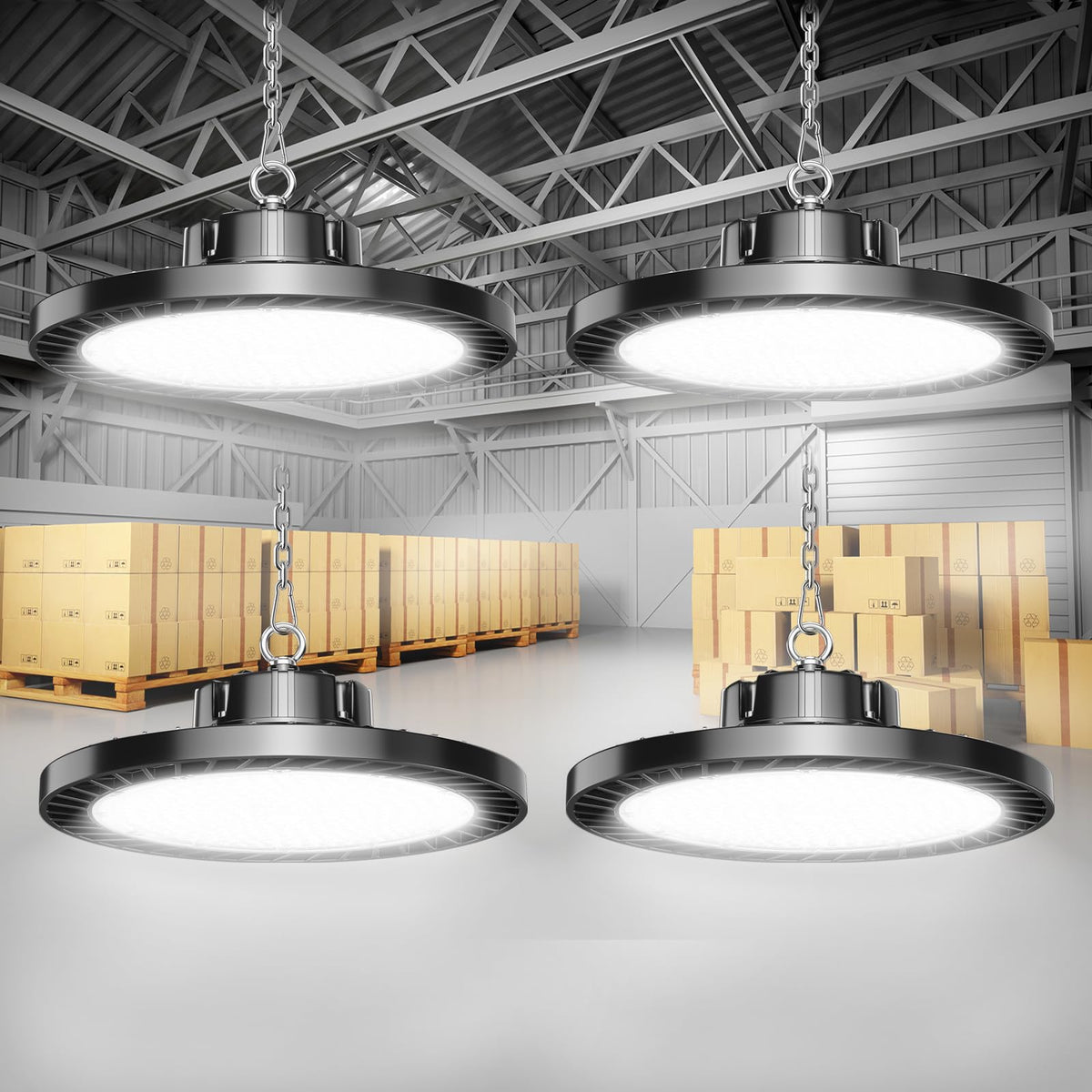 ONLYLUX UFO LED high bay light four-pack box, ready-to-install kit for quick setup.