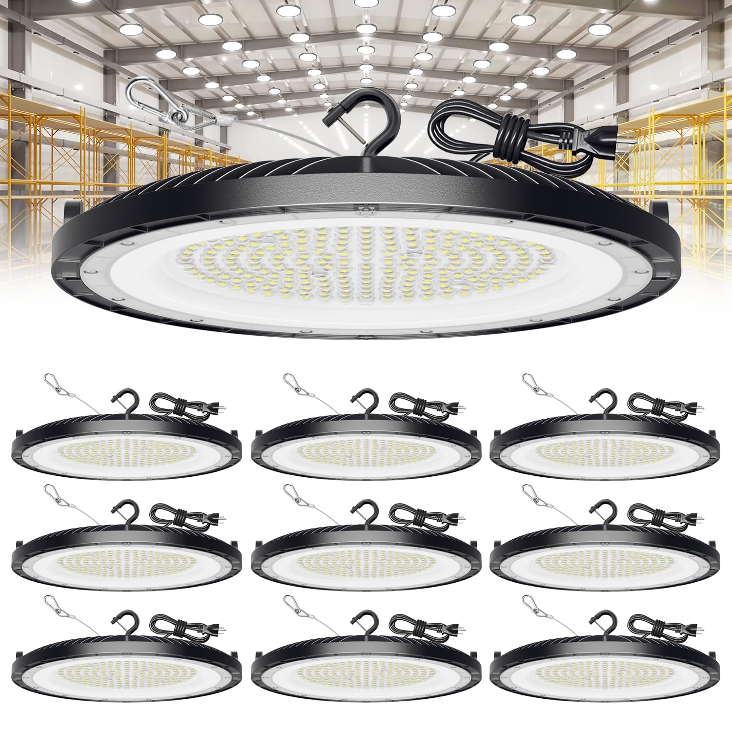ONLYLUX UFO LED High Bay light close-up highlighting bright 22500 lumens for industrial spaces.