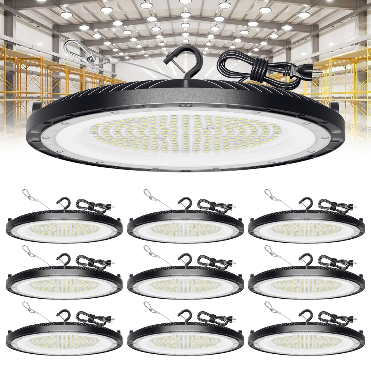 ONLYLUX UFO LED High Bay light close-up highlighting bright 22500 lumens for industrial spaces.
