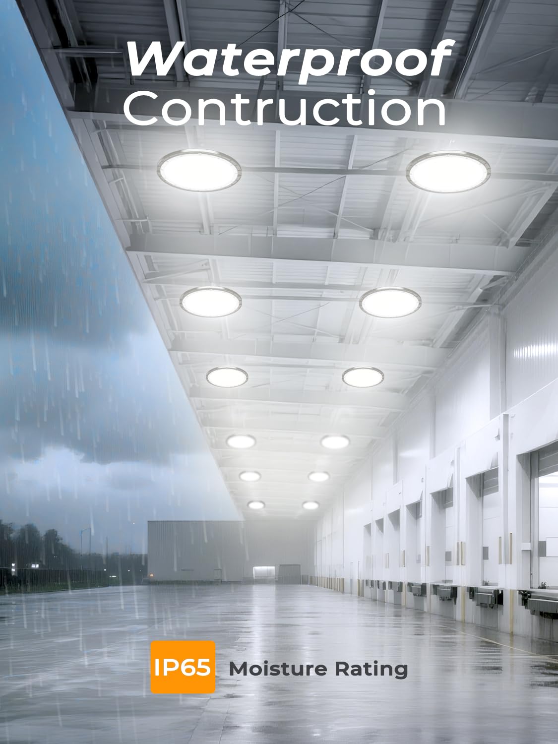 ONLYLUX UFO LED High Bay light showcases IP65-rated durable housing against dust.