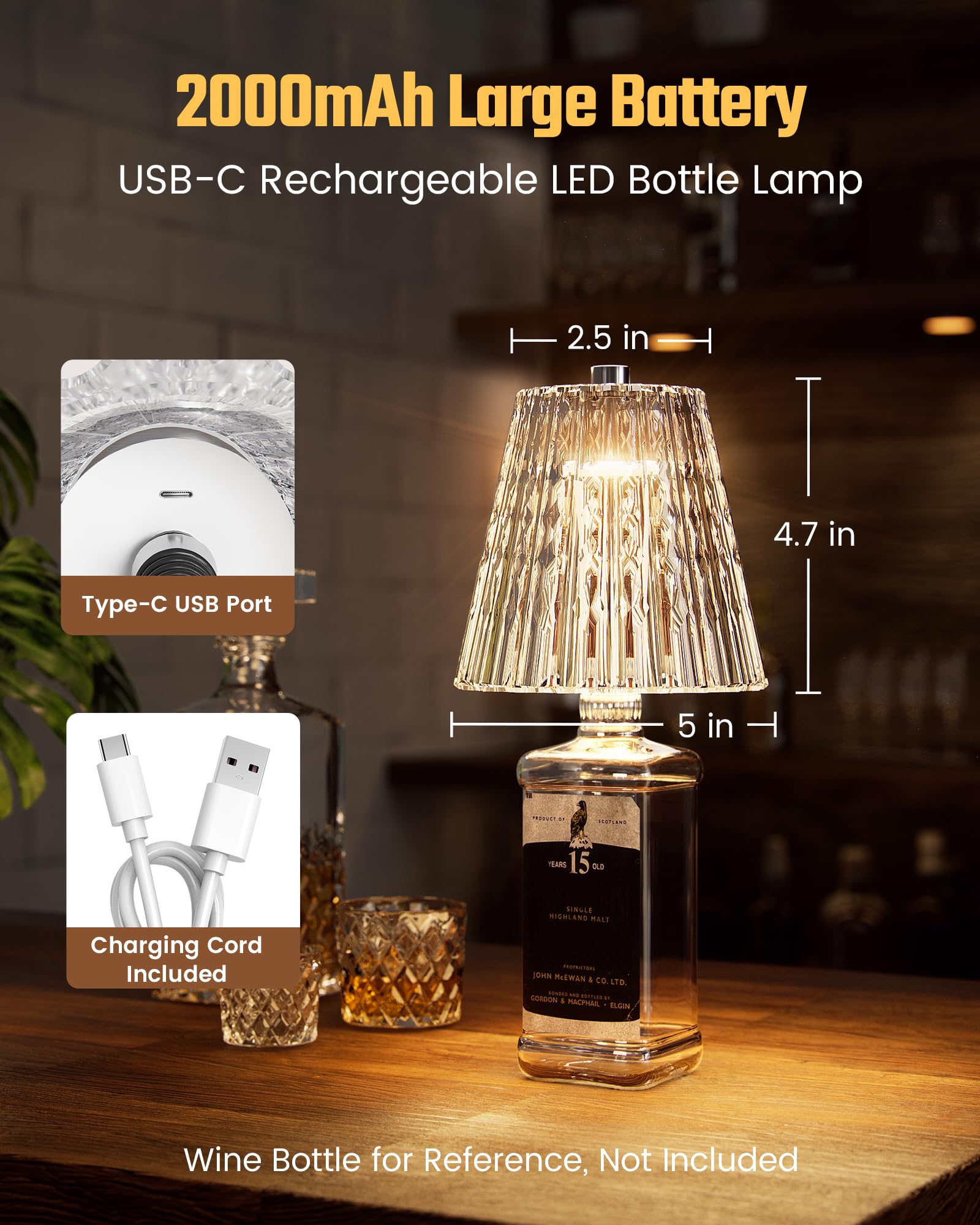 ONLYWIN bottle lamp fits most wine bottles with neck inner 20mm.