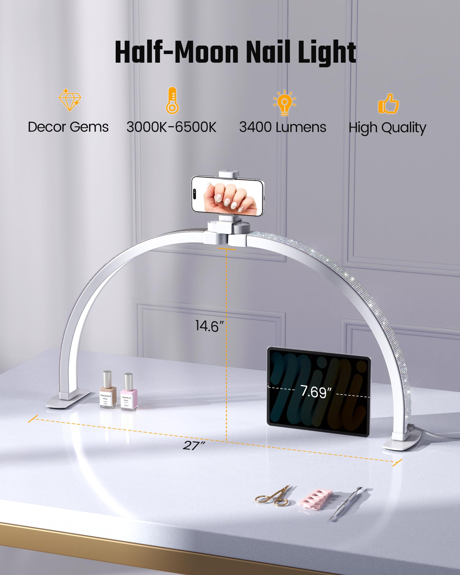 OnlyWin nail lamp with phone holder keeps reference images handy.