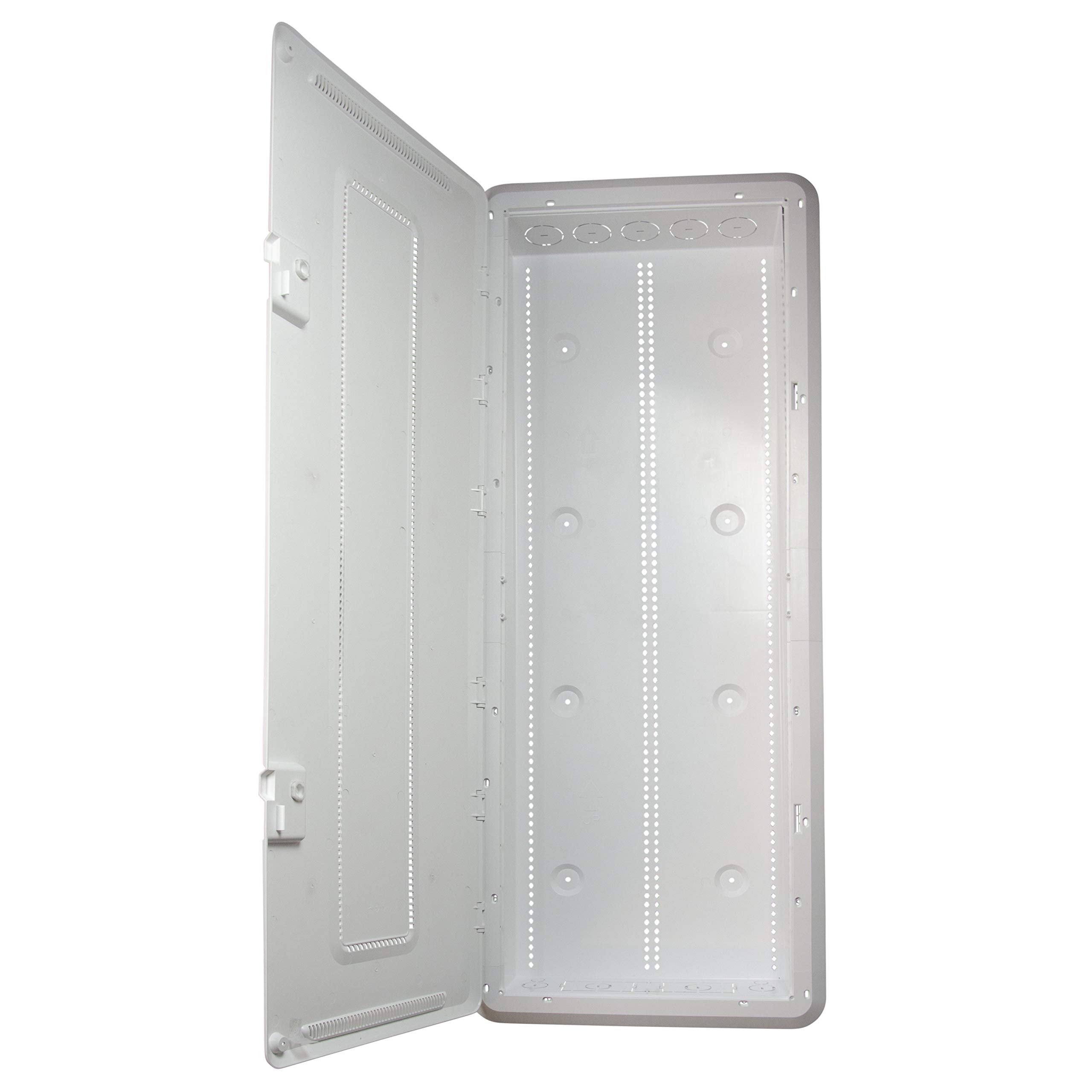 On-Q Legrand 42-inch media enclosure hinge detail highlighting tool-free installation
