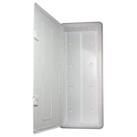 On-Q Legrand 42-inch media enclosure hinge detail highlighting tool-free installation