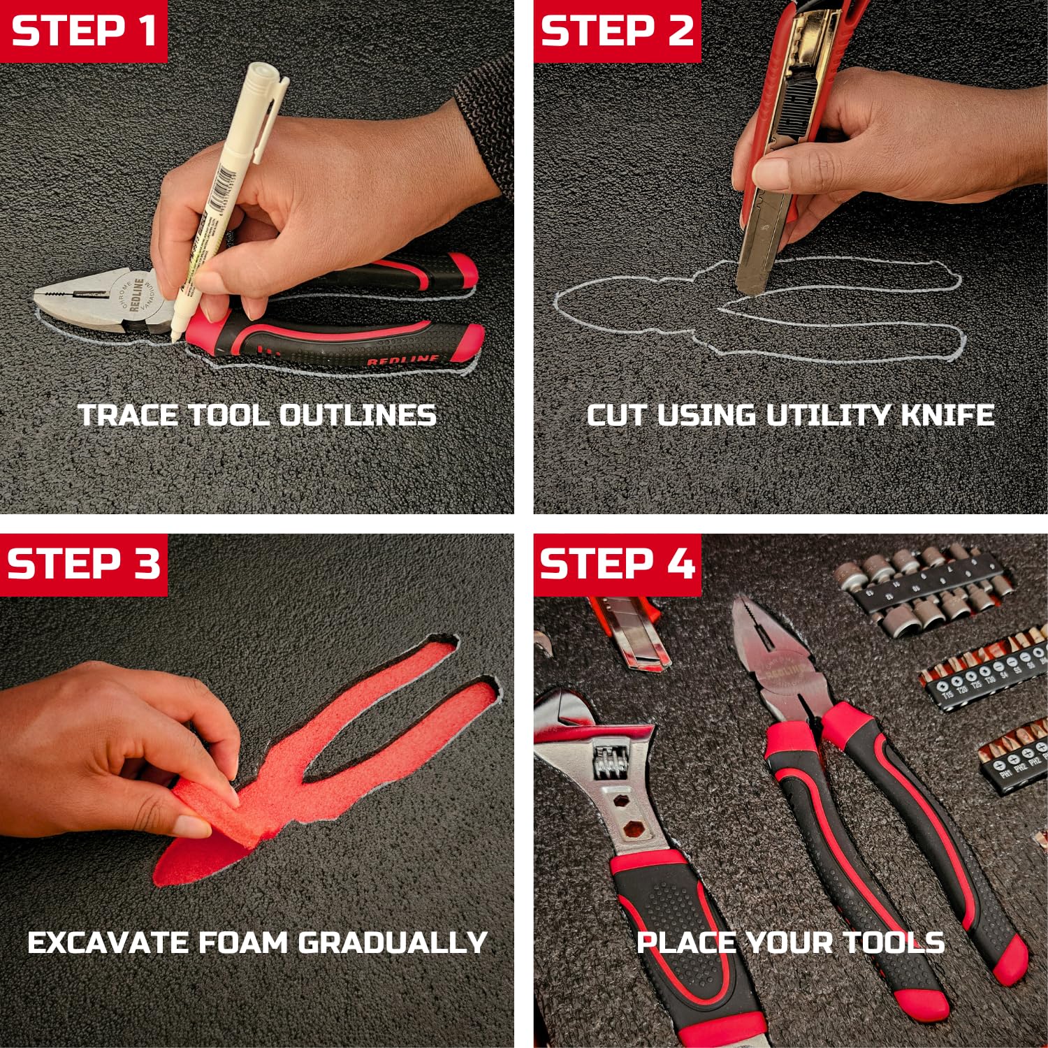 ONREVA high-density foam offers durable, long-lasting tool organization.