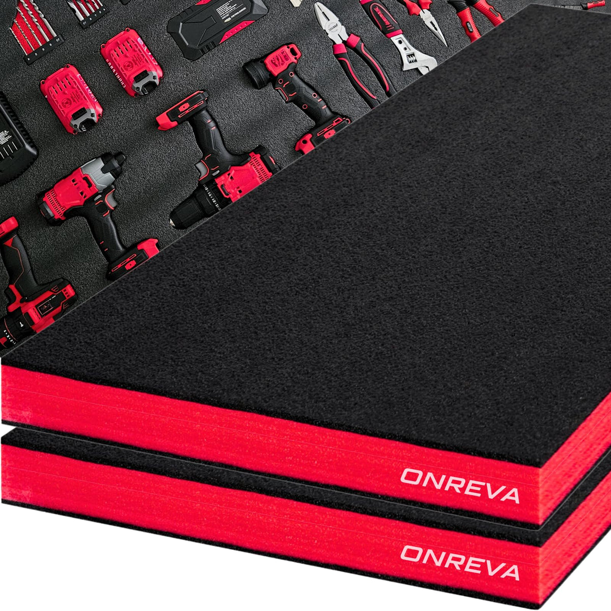ONREVA toolbox foam 48x24x2 inches cutout outline for precise tool slots.
