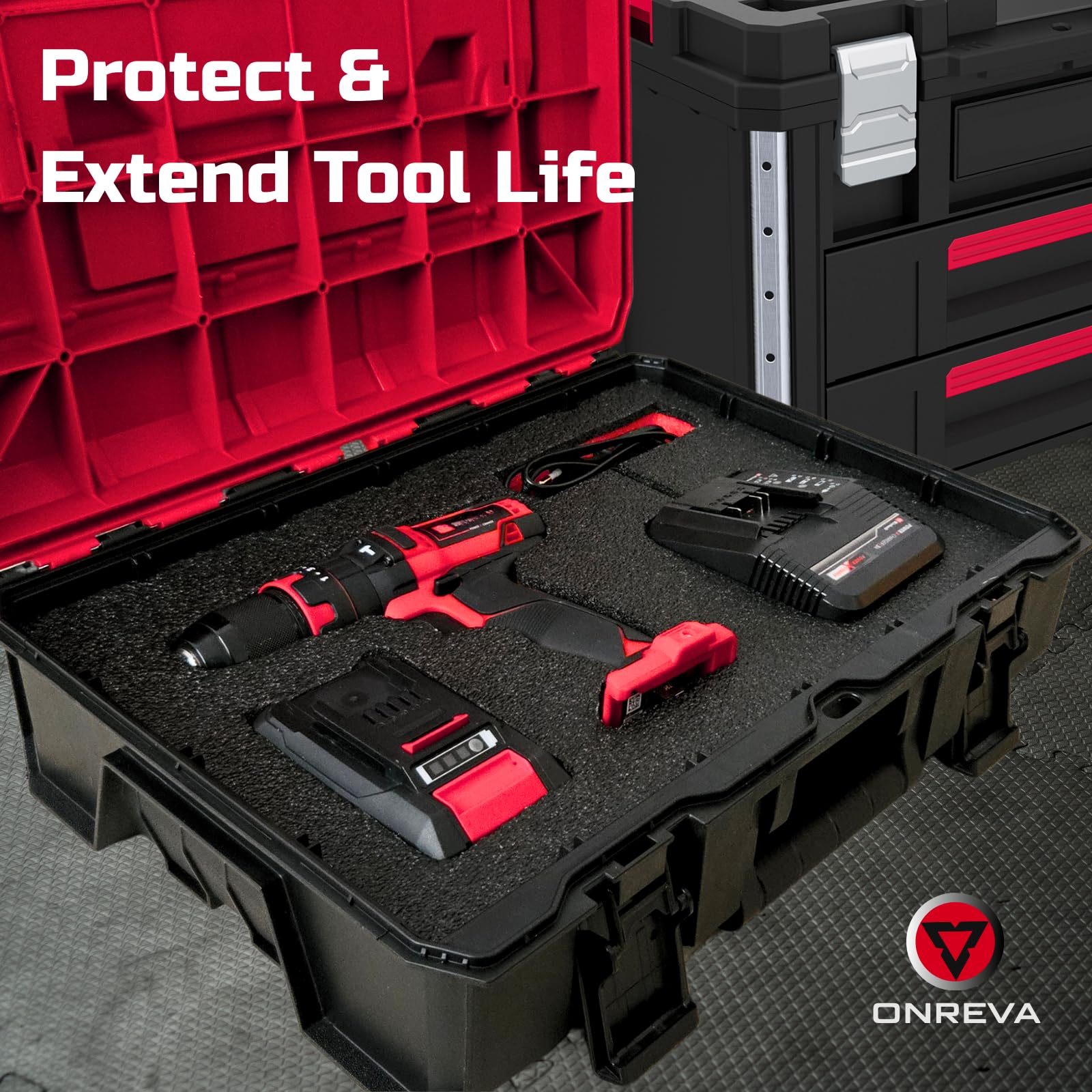 ONREVA toolbox foam tool-shadow-insert clearly marks each tool’s designated spot.