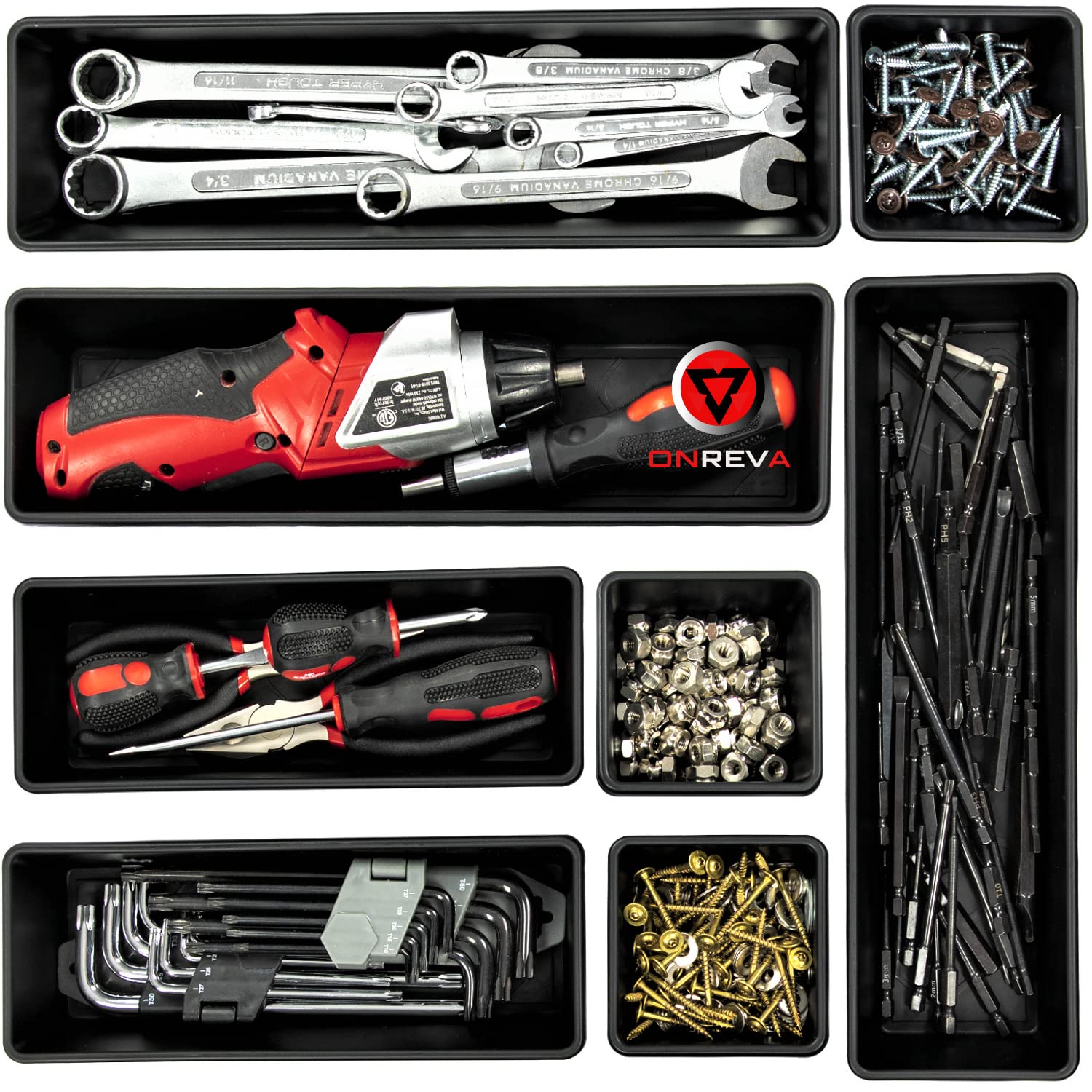 ONREVA tool-cart-friendly trays adapt to rolling chests and workbenches