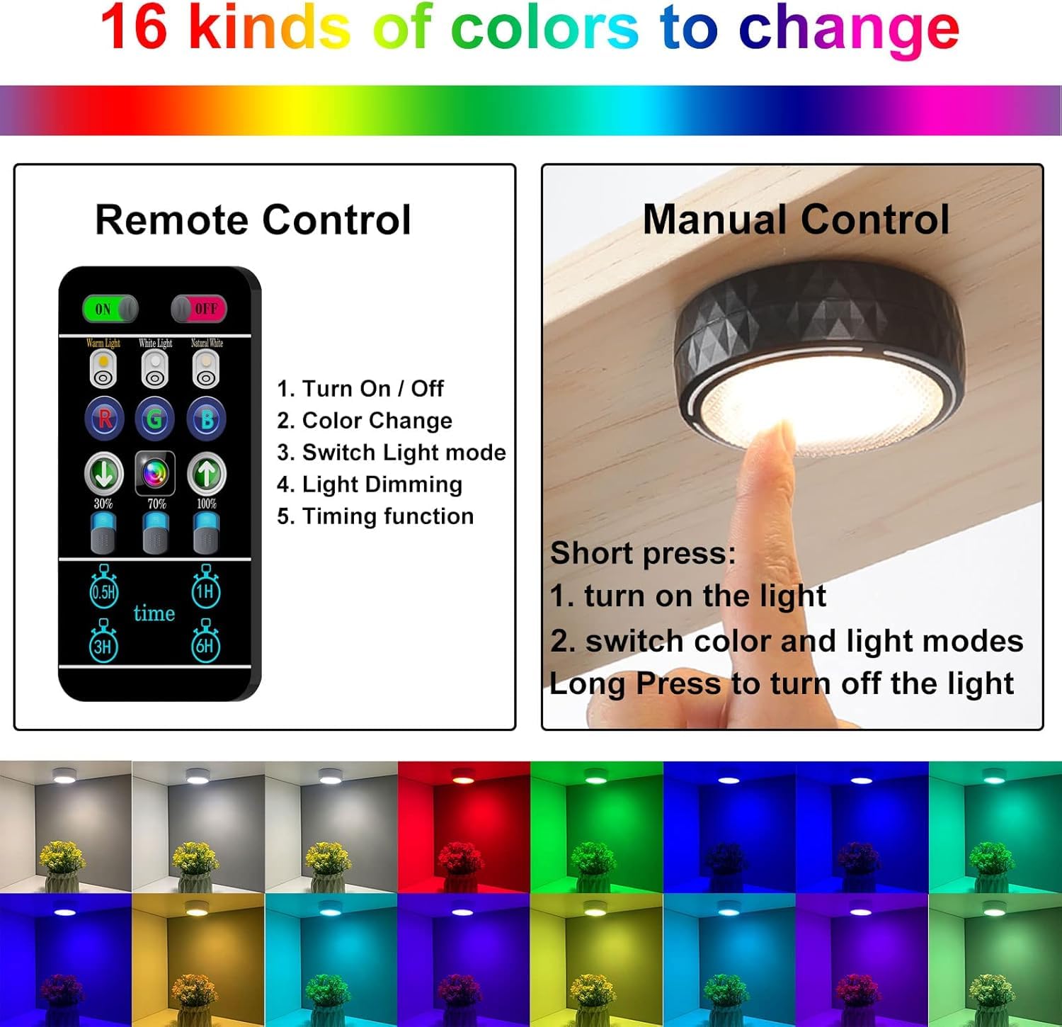 Onumii color changing puck light for mood lighting on a shelf