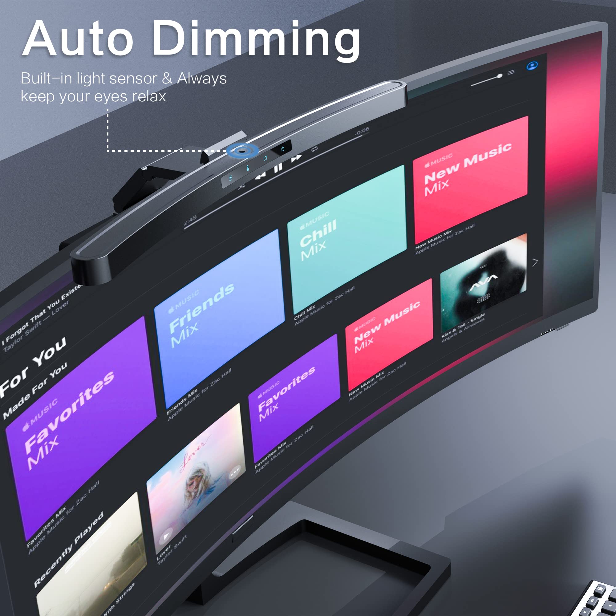 ONWAY curved monitor light bar auto-dimming sensor adjusts brightness for comfort.