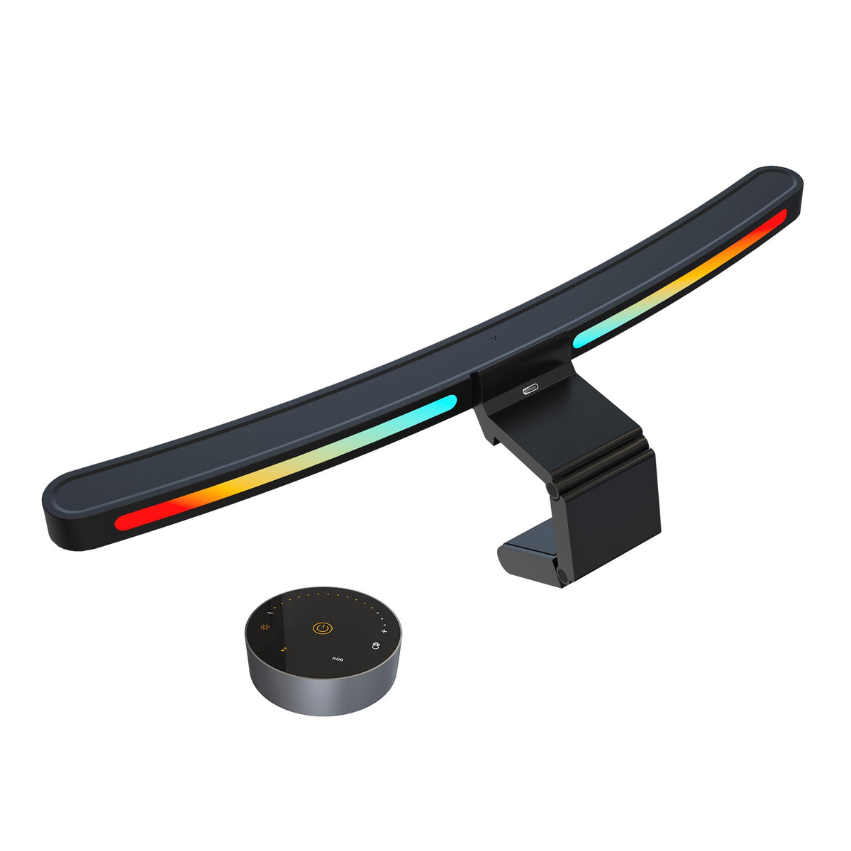 ONWAY curved monitor light bar front view illuminating a clean desk