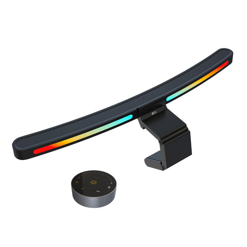 ONWAY curved monitor light bar front view illuminating a clean desk
