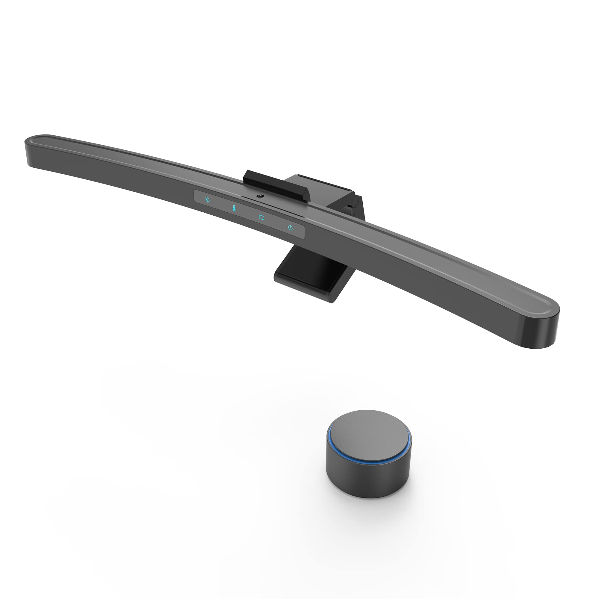 ONWAY curved monitor light bar with wireless remote illuminates the desk for focused work.