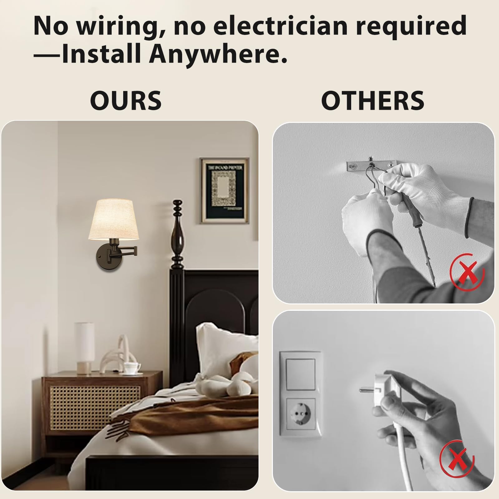Onwecen swing-arm dimmable sconces adjust light angle for versatile tasks.