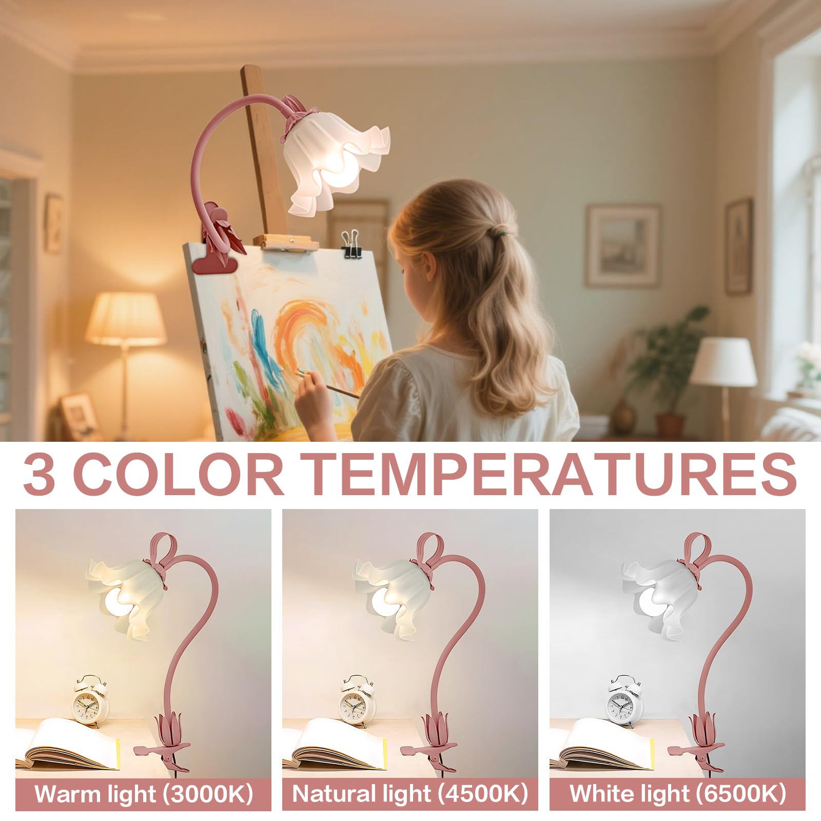 ONXE flower desk lamp gooseneck directs light toward books for study