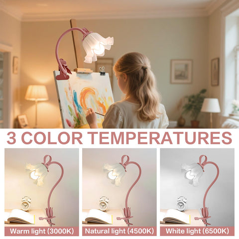 ONXE flower desk lamp gooseneck directs light toward books for study