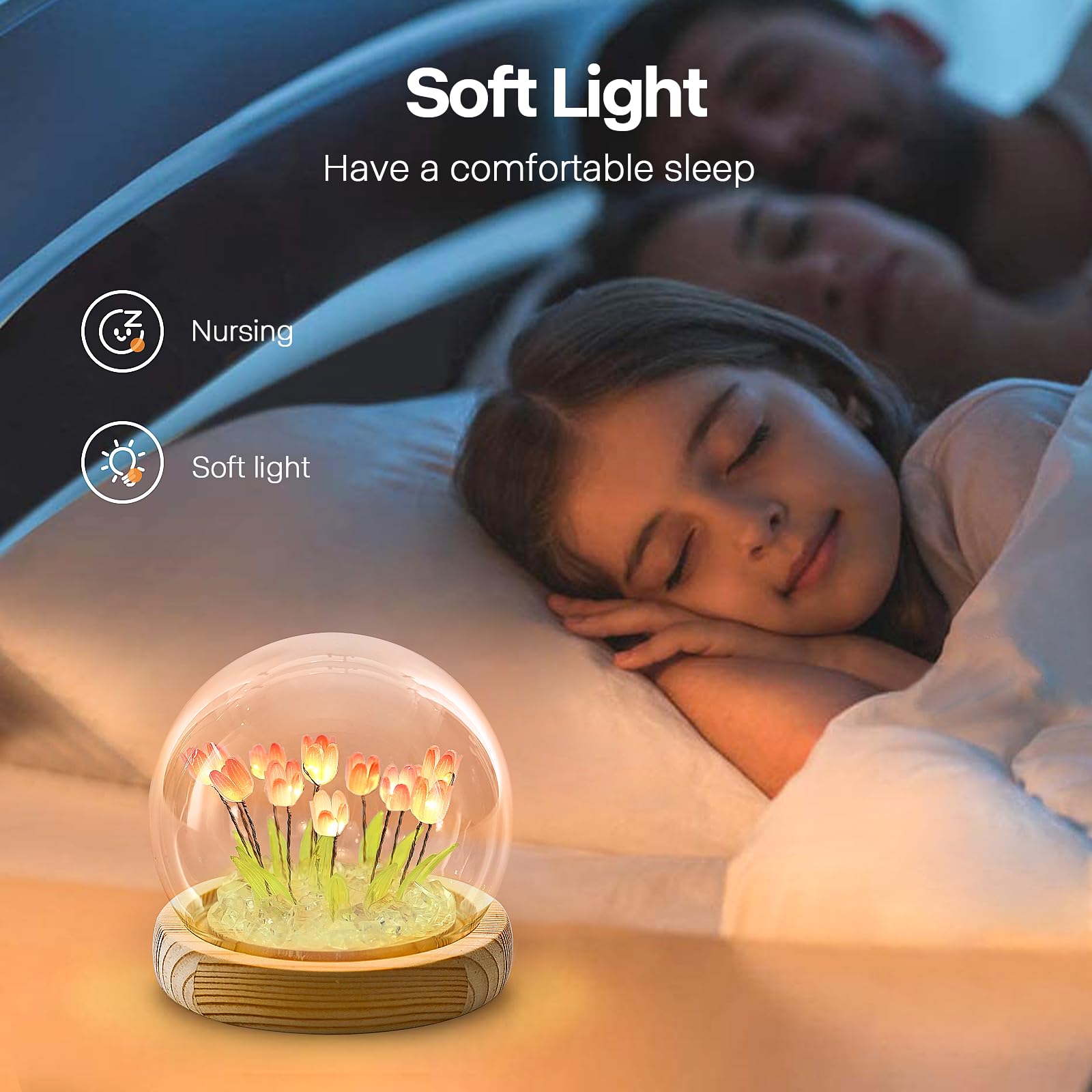 ONXE Tulips night light with purple glow creates romantic mood on shelf