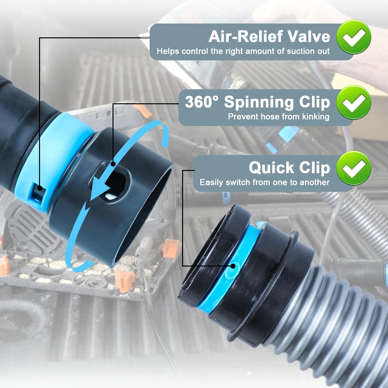 Onylraep hose with air-relief valve lets you tune suction for better control.