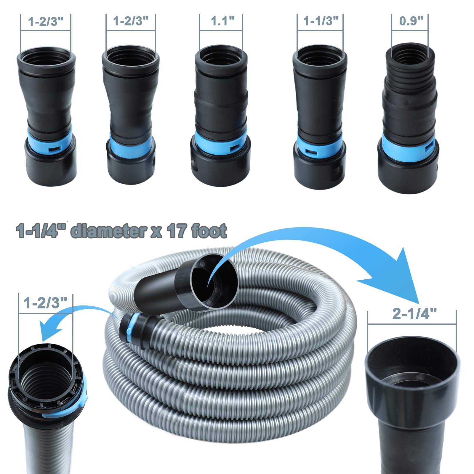 Onylraep universal vacuum fit works with Shop Vac, Ridgid, Dewalt, and more.