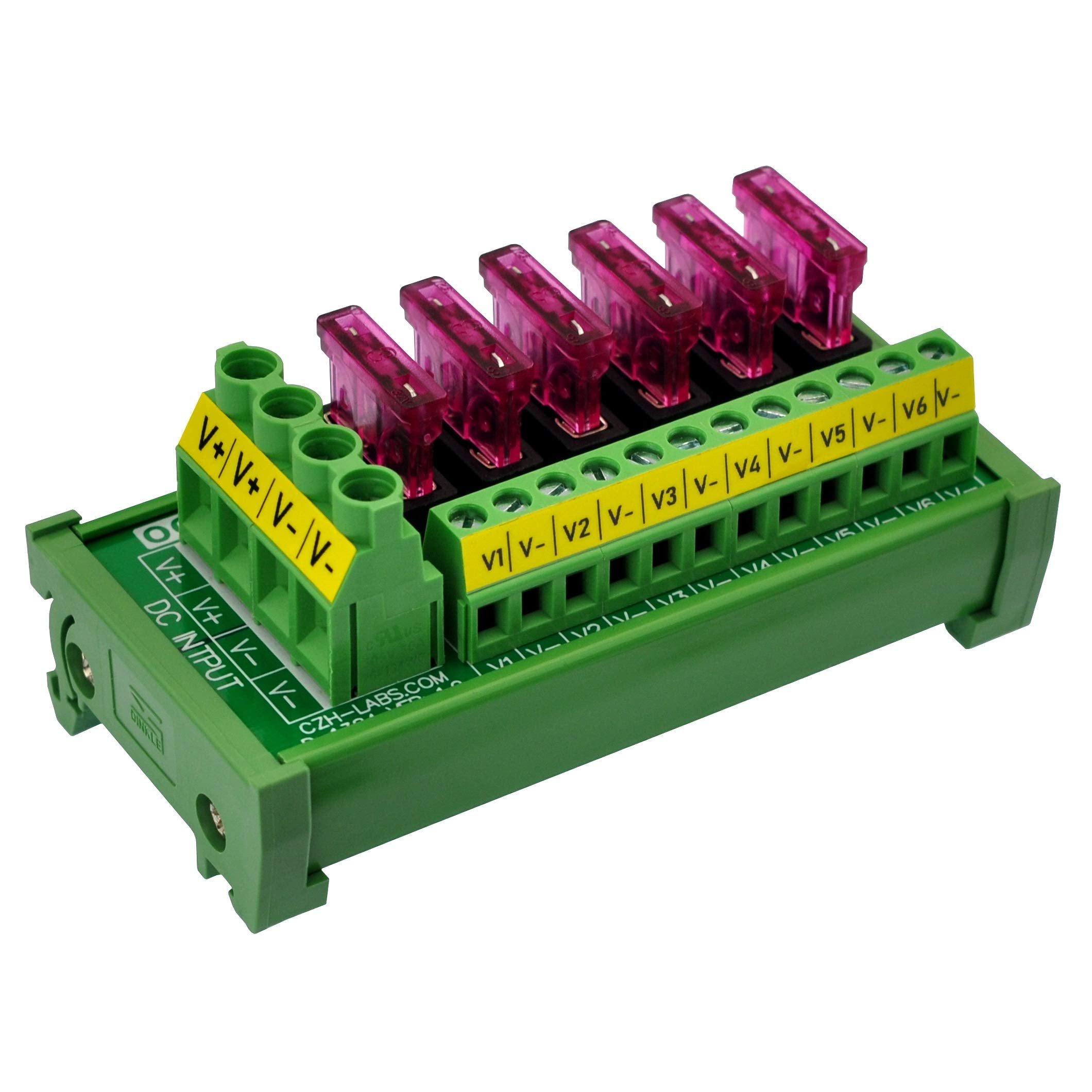 oono dc power fuse strip front view on a 35mm din rail for easy installation
