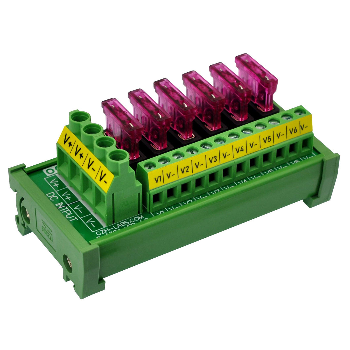 oono dc power fuse strip front view on a 35mm din rail for easy installation