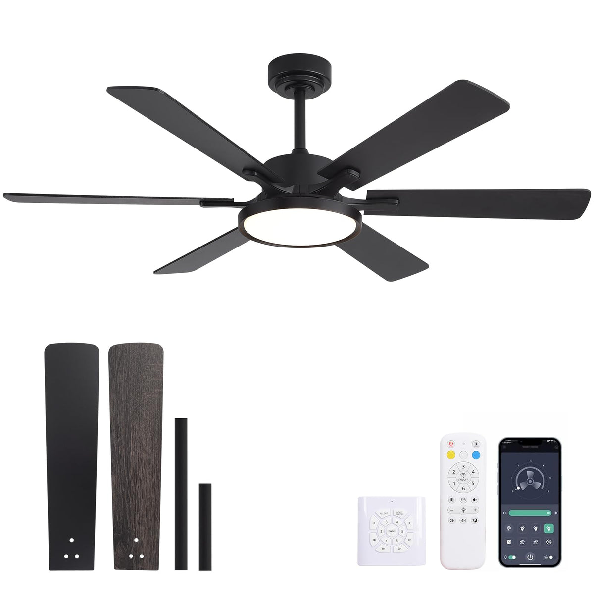 oooYYDSxxx 52in dual-wing obsidian ceiling fan provides steady indoor airflow