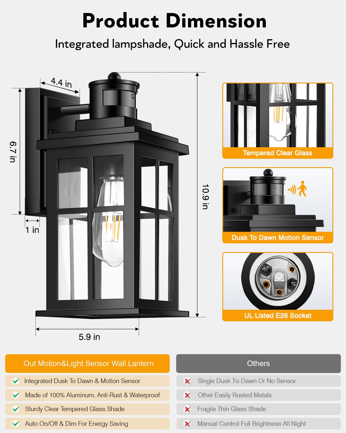 OPAXIS easy-install outdoor light with standard E26 socket simplifies bulb replacement.