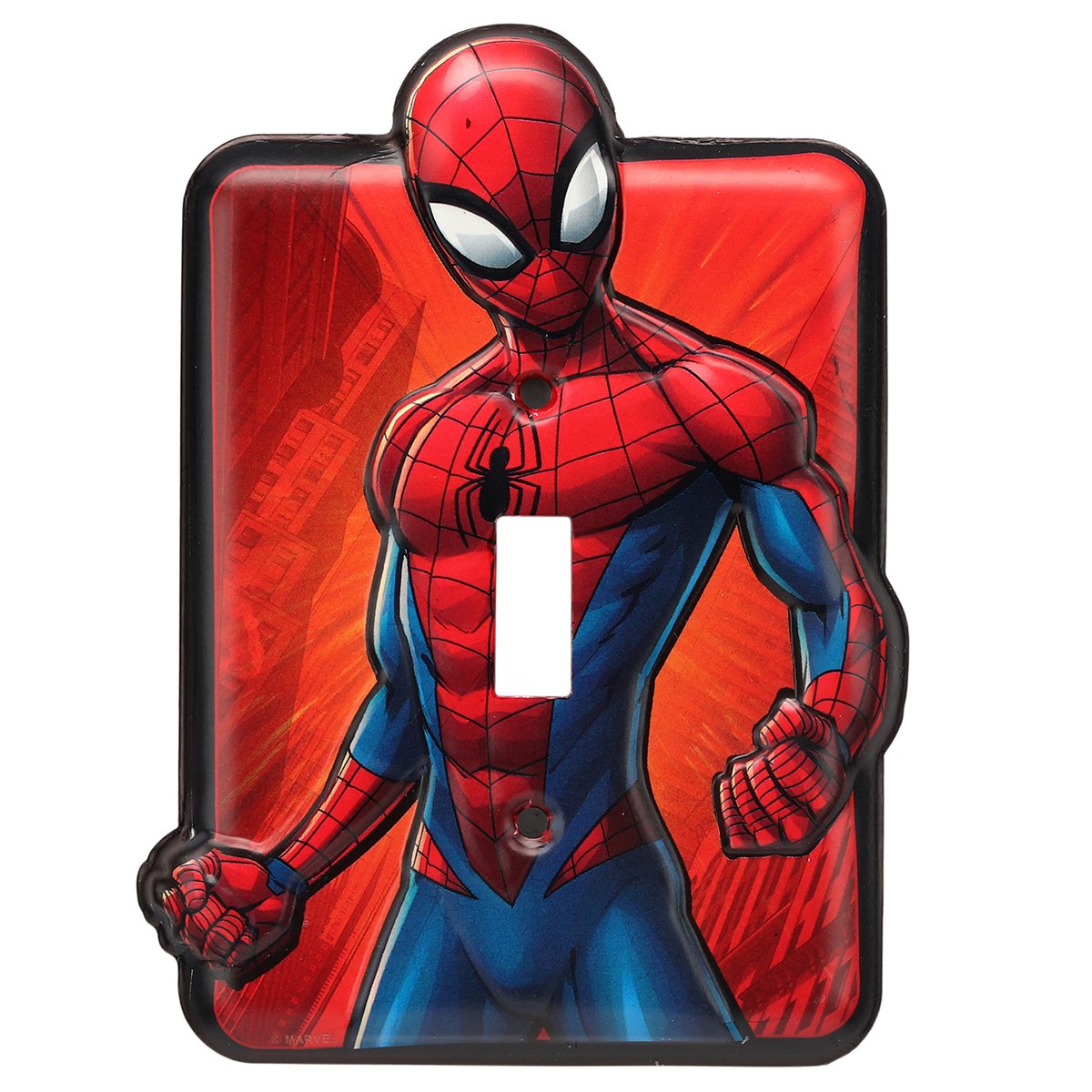 Open Road Brands Spider-Man embossed switch plate adds playful character to a bedroom wall.
