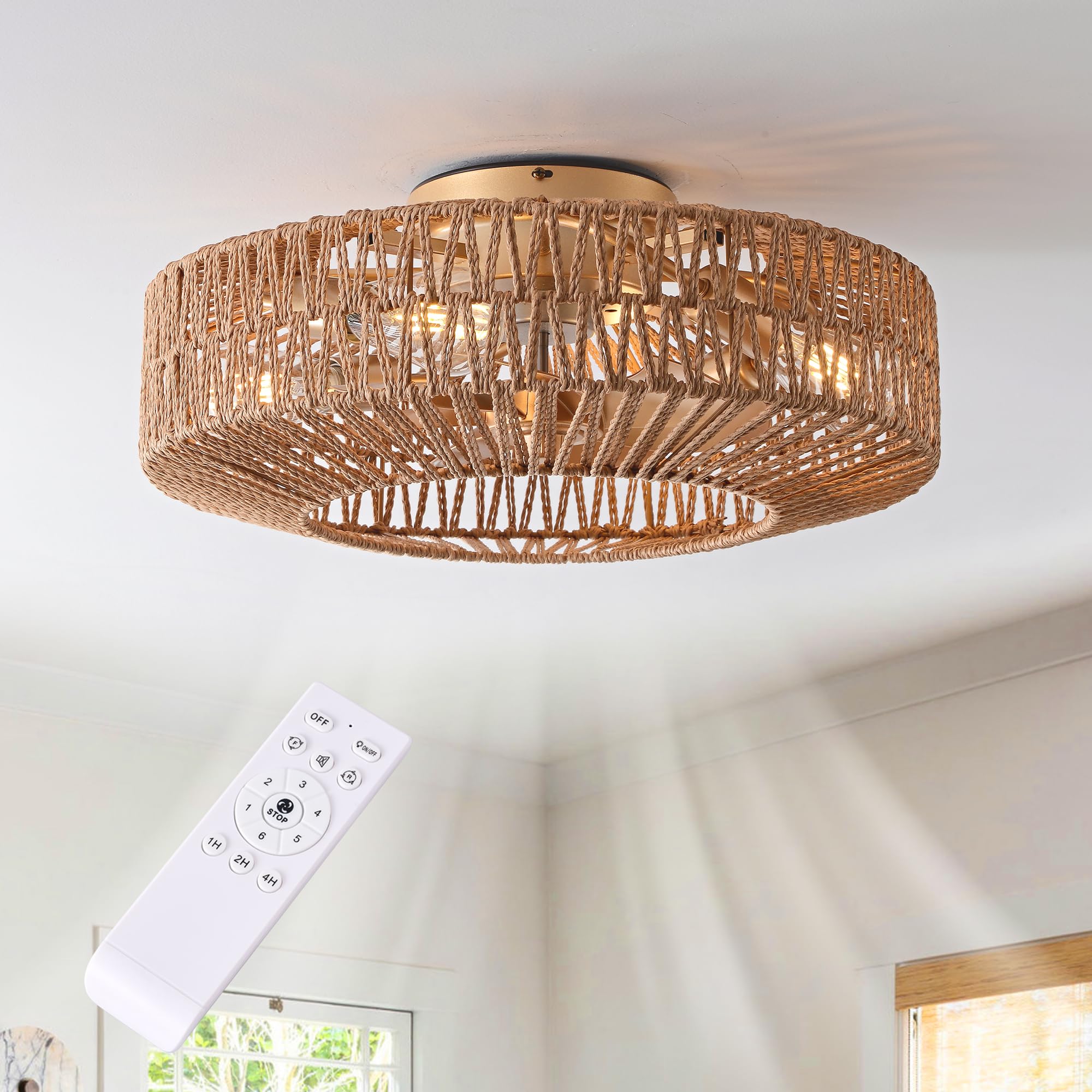 OPKMB boho caged fandelier with lights, closeup of hemp rope cage and warm ambient lighting.