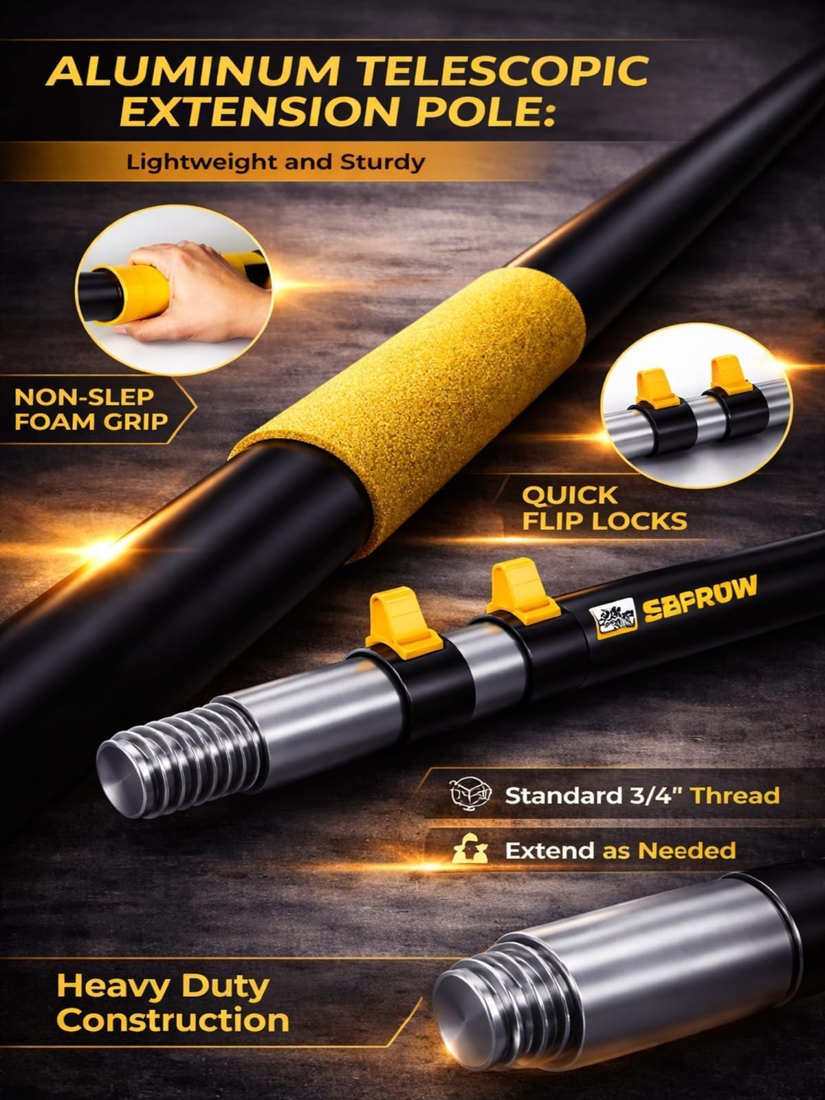 Opow pole with flip-lock design enabling secure length adjustments during outdoor cleaning