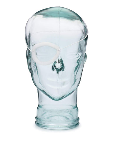 Optic Shop Pro Moisture Chamber with elastic band on right eye provides dry-eye relief