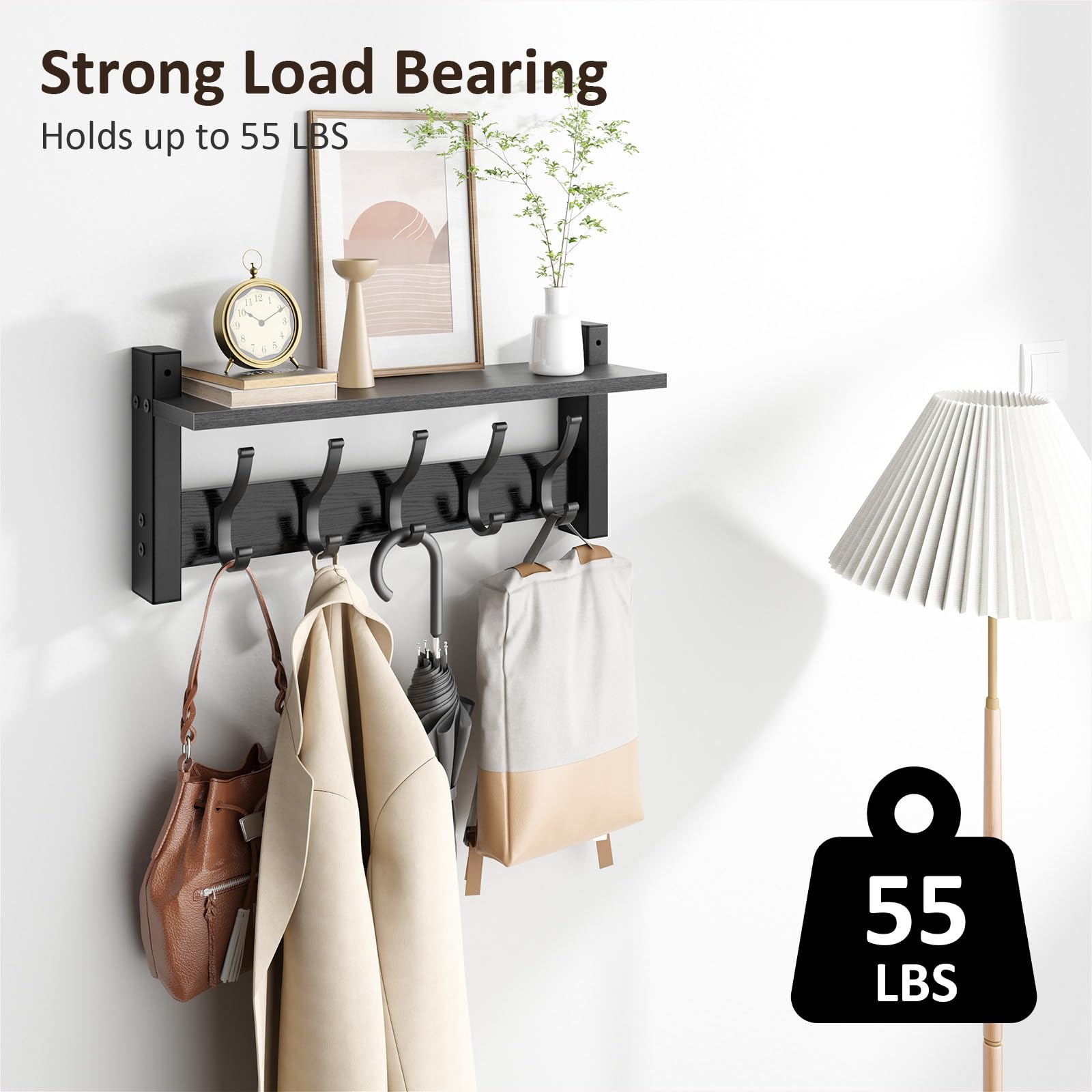 Optish five hooks wooden coat rack demonstrates versatile storage for bags and hats