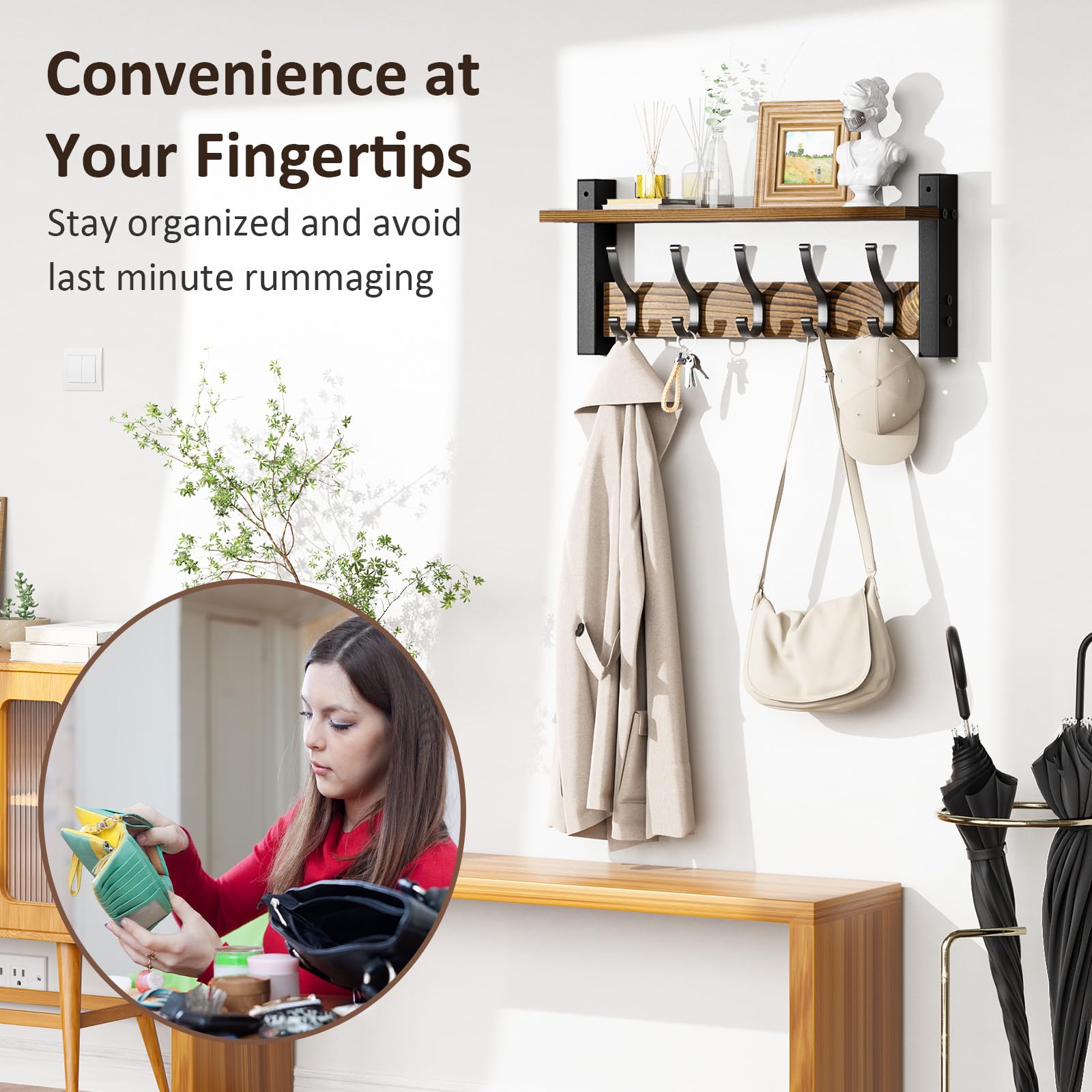 Optish wall-mounted five-hook hanger organizing coats and bags in entryways.