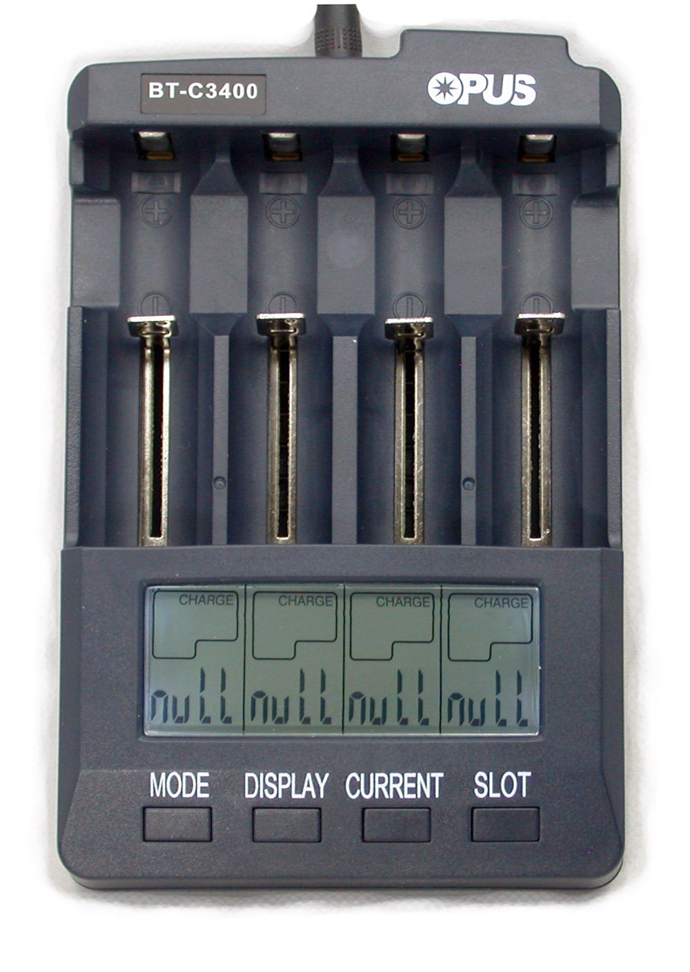 Opus BT-C3400 LCD display clearly shows capacity, voltage, and time