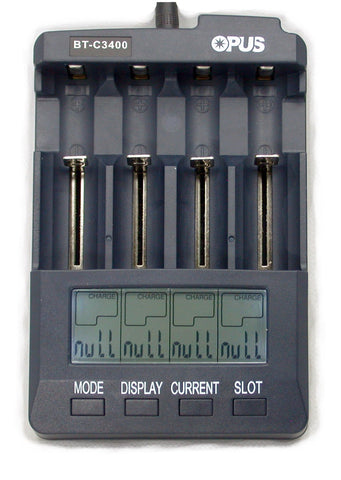 Opus BT-C3400 LCD display clearly shows capacity, voltage, and time