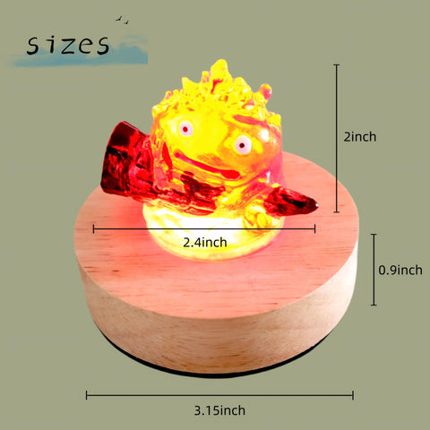 Close-up of the Calcifer statue showing handmade craftsmanship and resin detail.