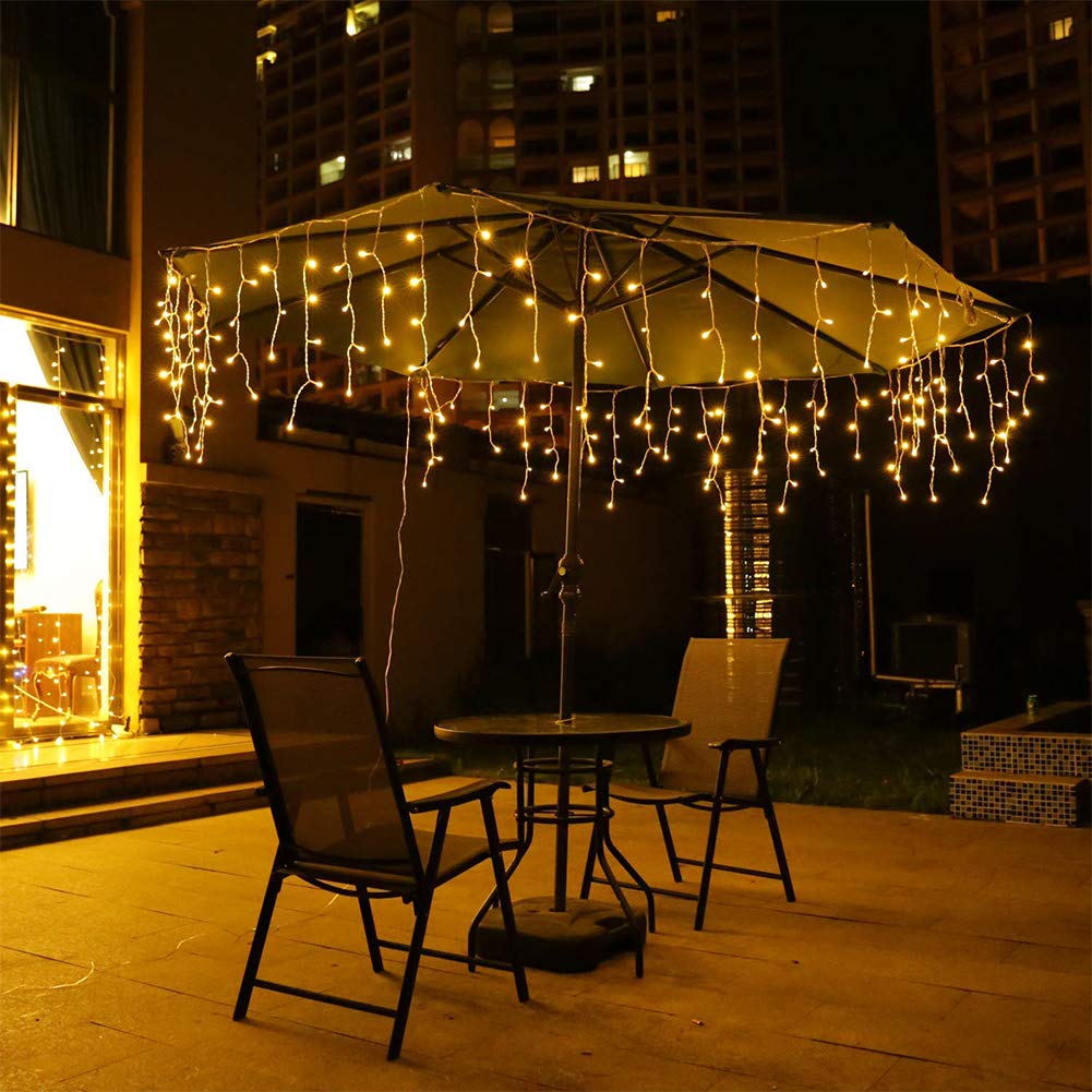 Orangie LED Icicle Lights closeup drops showing crystal glow and varied lengths.