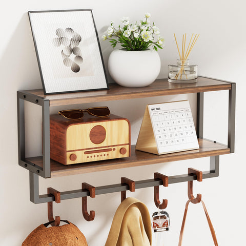 Orapoke wall shelf with hooks installed in an entryway for organized space.