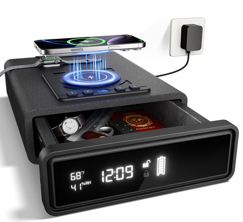 ORARAER biometric safe with LED display shows time and room conditions.