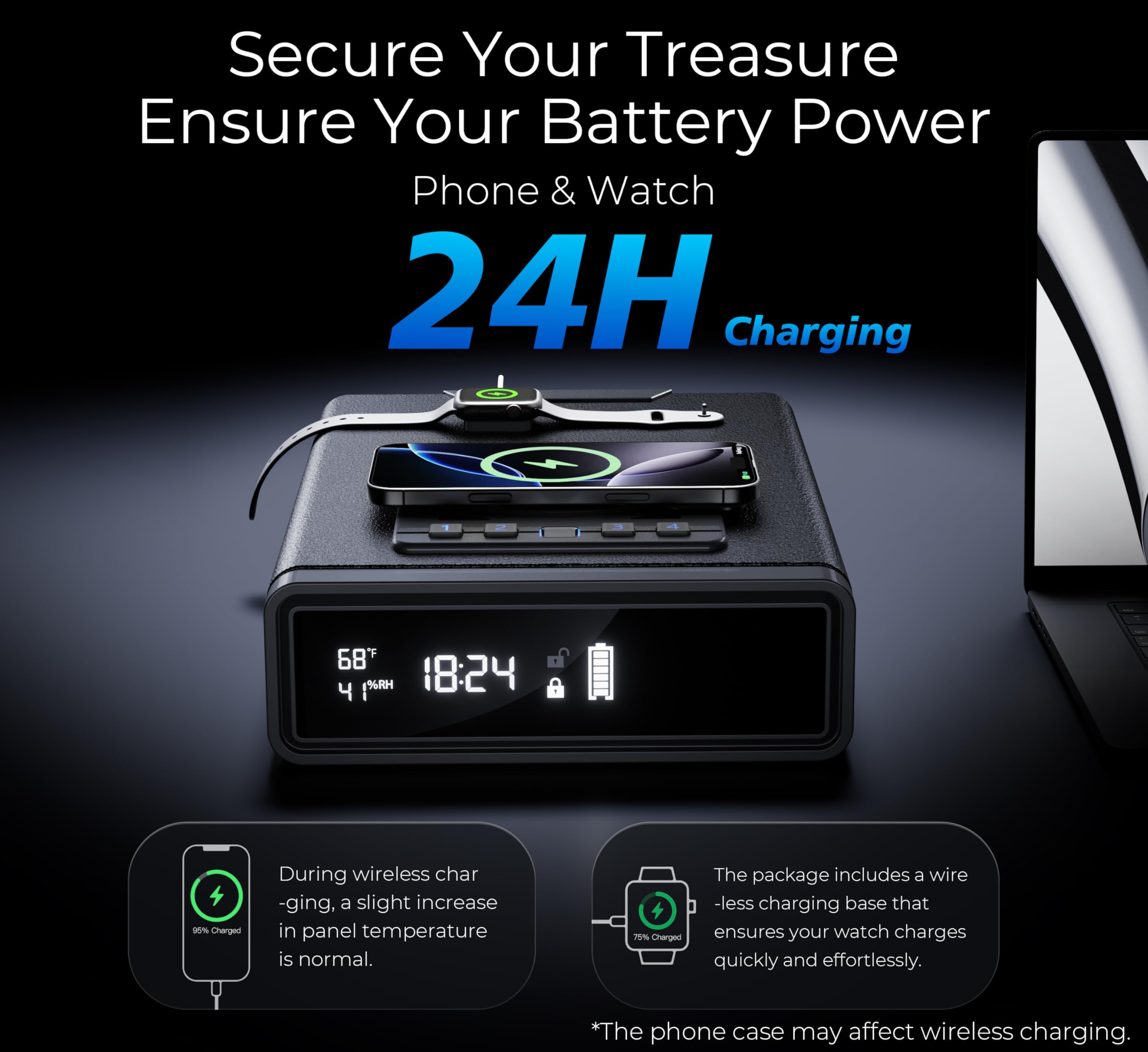 ORARAER safe LED display provides time, temperature, and battery insight.